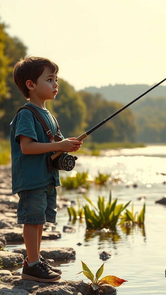 Boy Catches a Huge Fish at the River