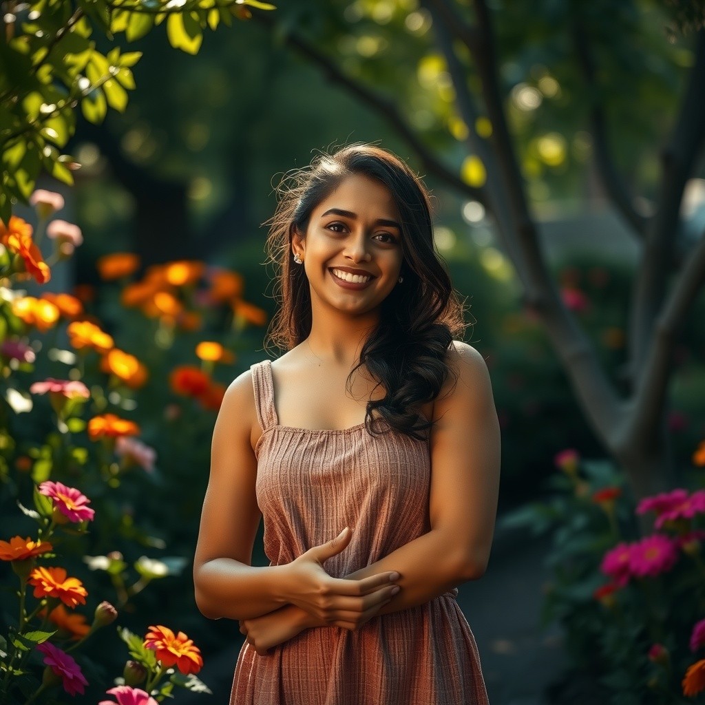 Plus Size Indian Aunty in Saree Walking in the Garden