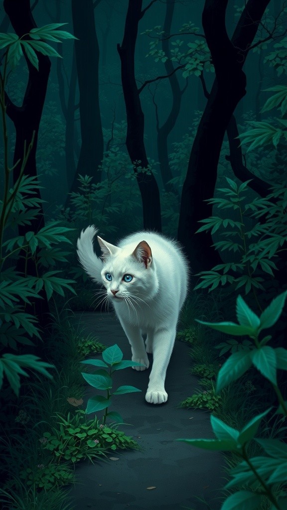 Kucing Putih di Hutan Bercahaya