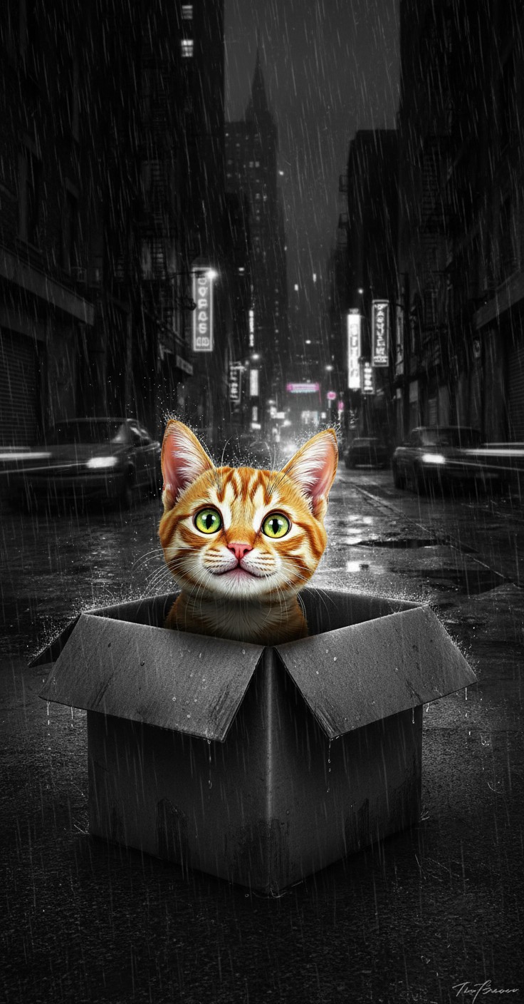 Crying Kitten in a Dark Rainy Alleyway