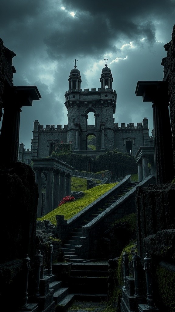 Eerie Elegance of Ruined Roman Ruins Under a Dark Sky