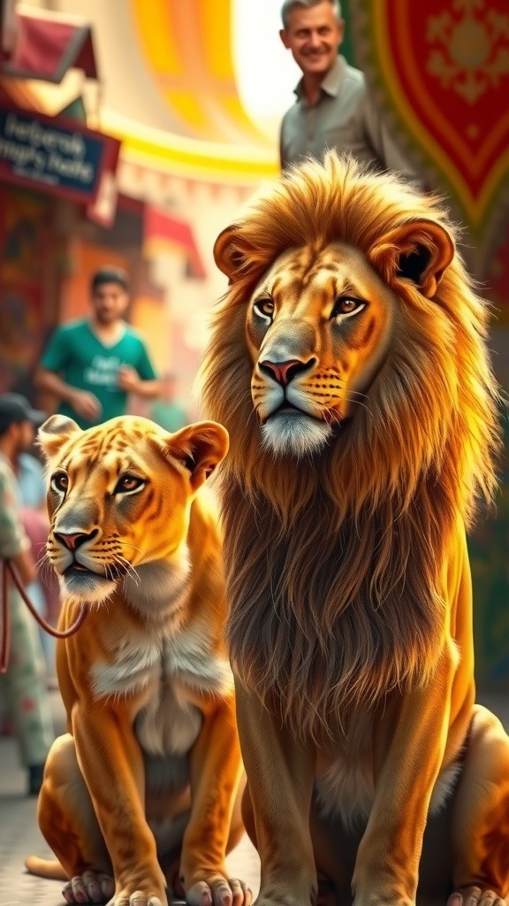 Man with a Lion Roams Market