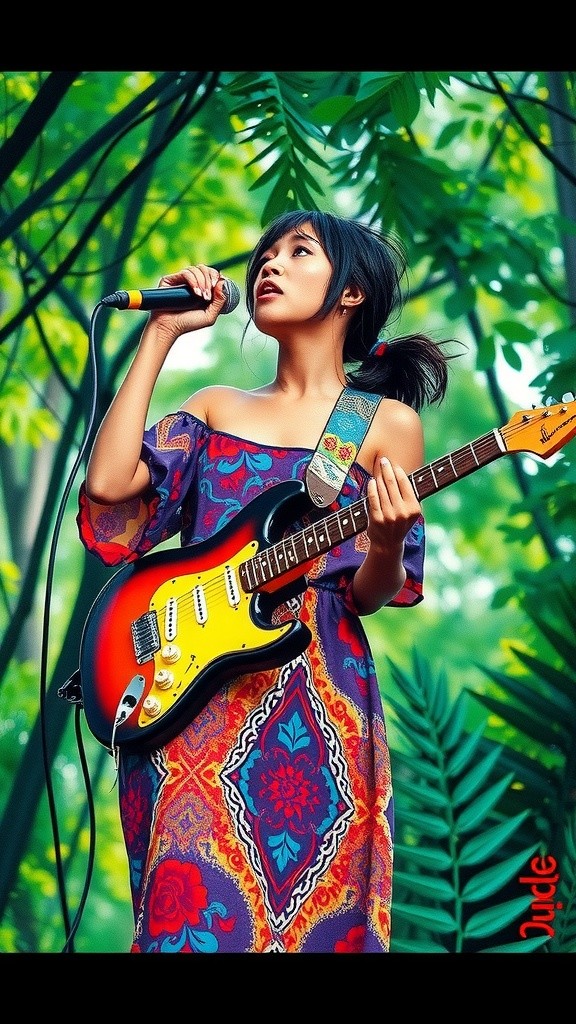 Wanita Bernyanyi dengan Gitar di Hutan Kalimantan Selatan