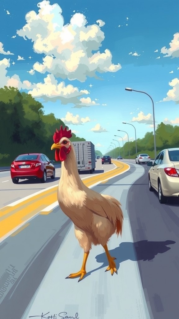 Ayam Mencari Kedamaian di Seberang Jalan