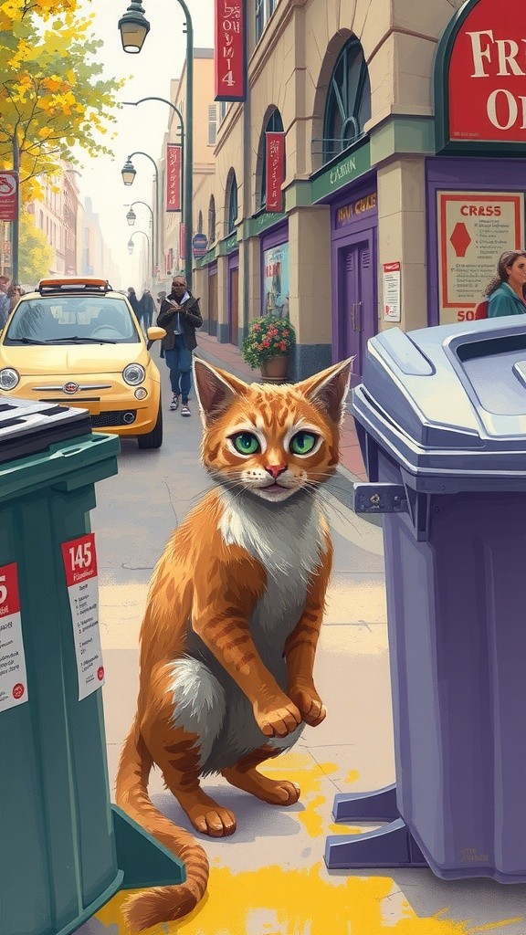 A Hungry Cat Eating on the Road