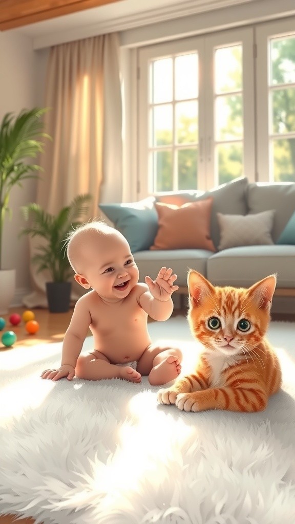 Baby's Sweet Embrace: Cuddling with a Cat!