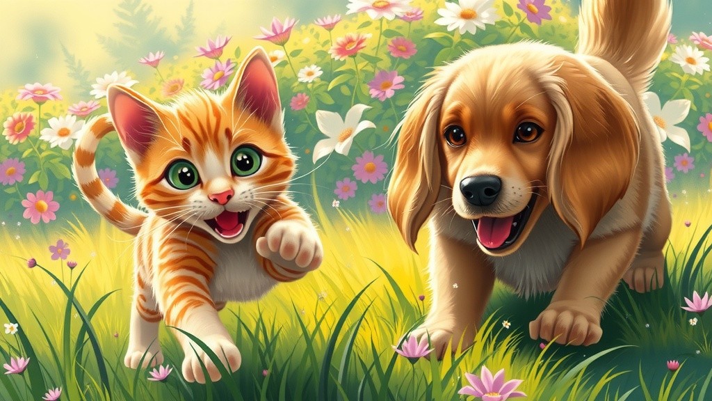 Sunny Playtime: Adorable Cat and Puppy Fun in 4K
