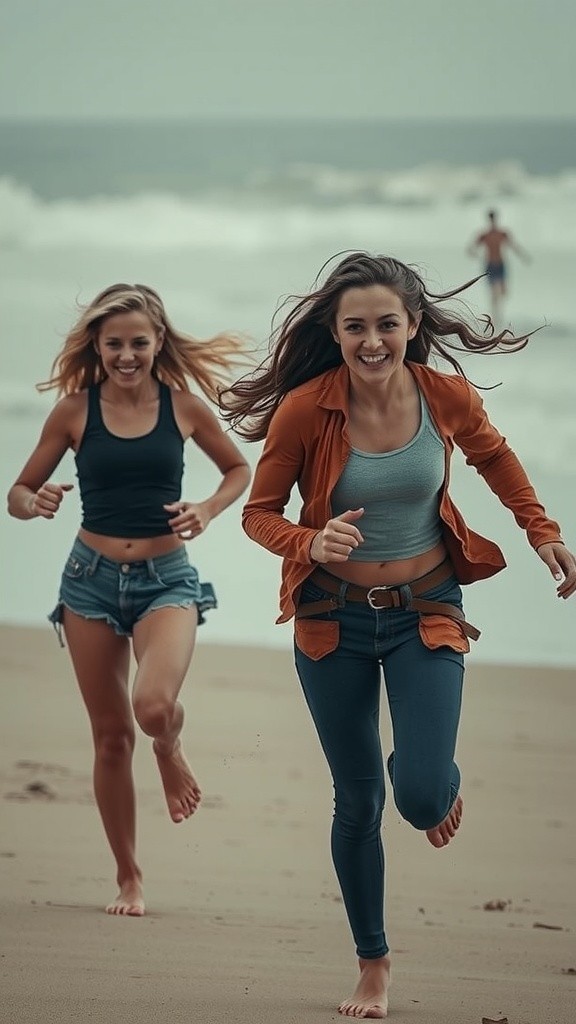 Beach Bliss: Girls Running Under a Green Sky