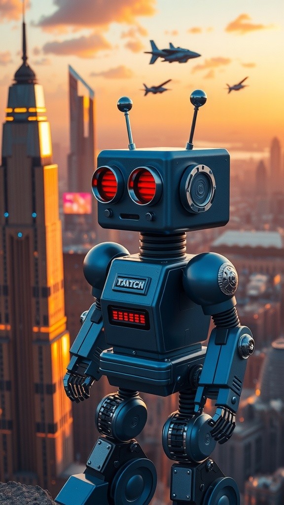 Reflections of Tomorrow: A Robot's Solitude in a Dreamlike Cityscape