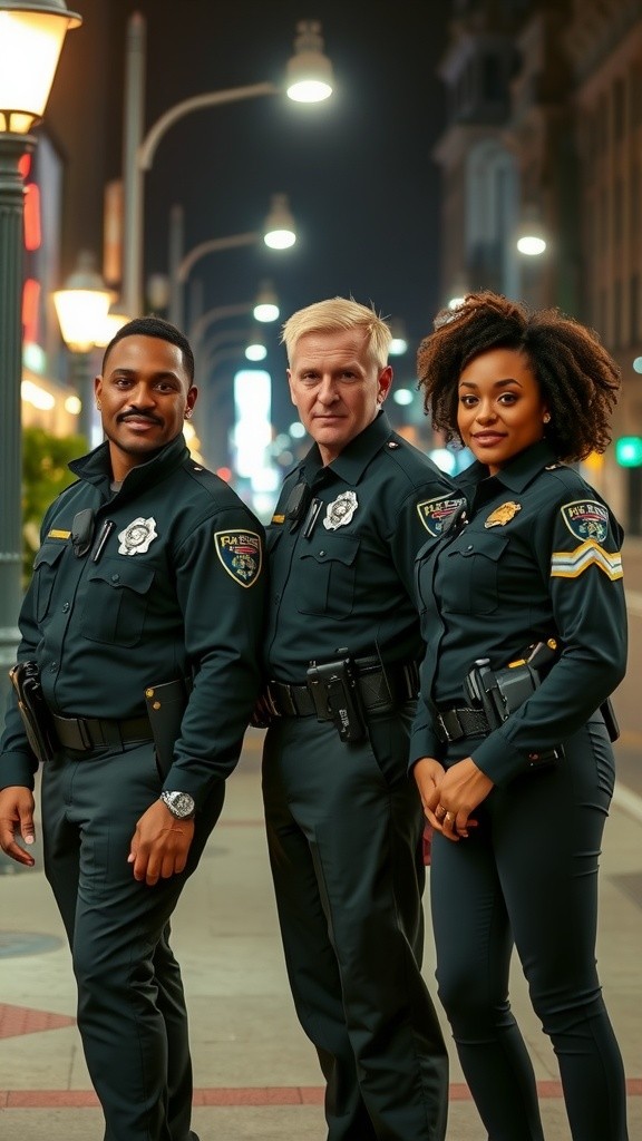Nighttime Officer Conversation on City Sidewalk