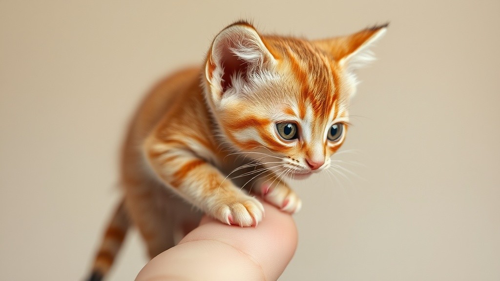 Tiny Orange-Striped Kitten on a Fingertip