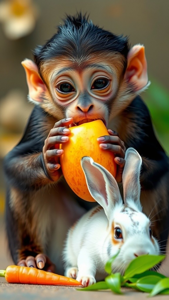 Nature's Feast: Monkey and Rabbit Delight in Mango and Carrot