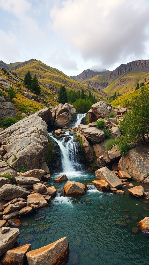 Serene River Views: Hills, Waterfalls, and Nature
