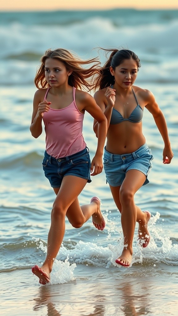 Beach Bliss: Girls Running Under a Green Sky