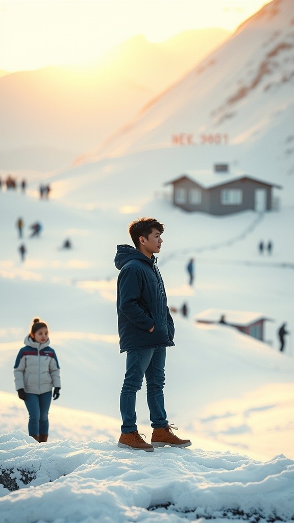A Charming Meeting at Sunset on a Snowy Mountain