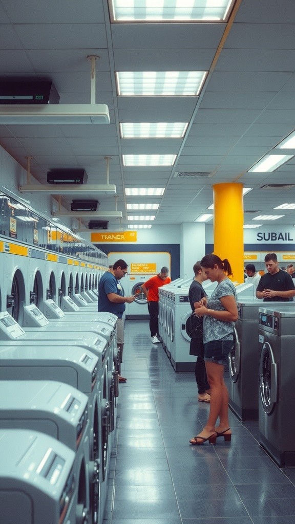 Wanita Mengoperasikan Mesin Laundry Canggih di Tempat Laundry Modern