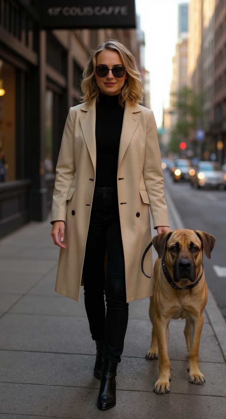 Beautiful Woman and Her Big Dog Strolling on the Street
