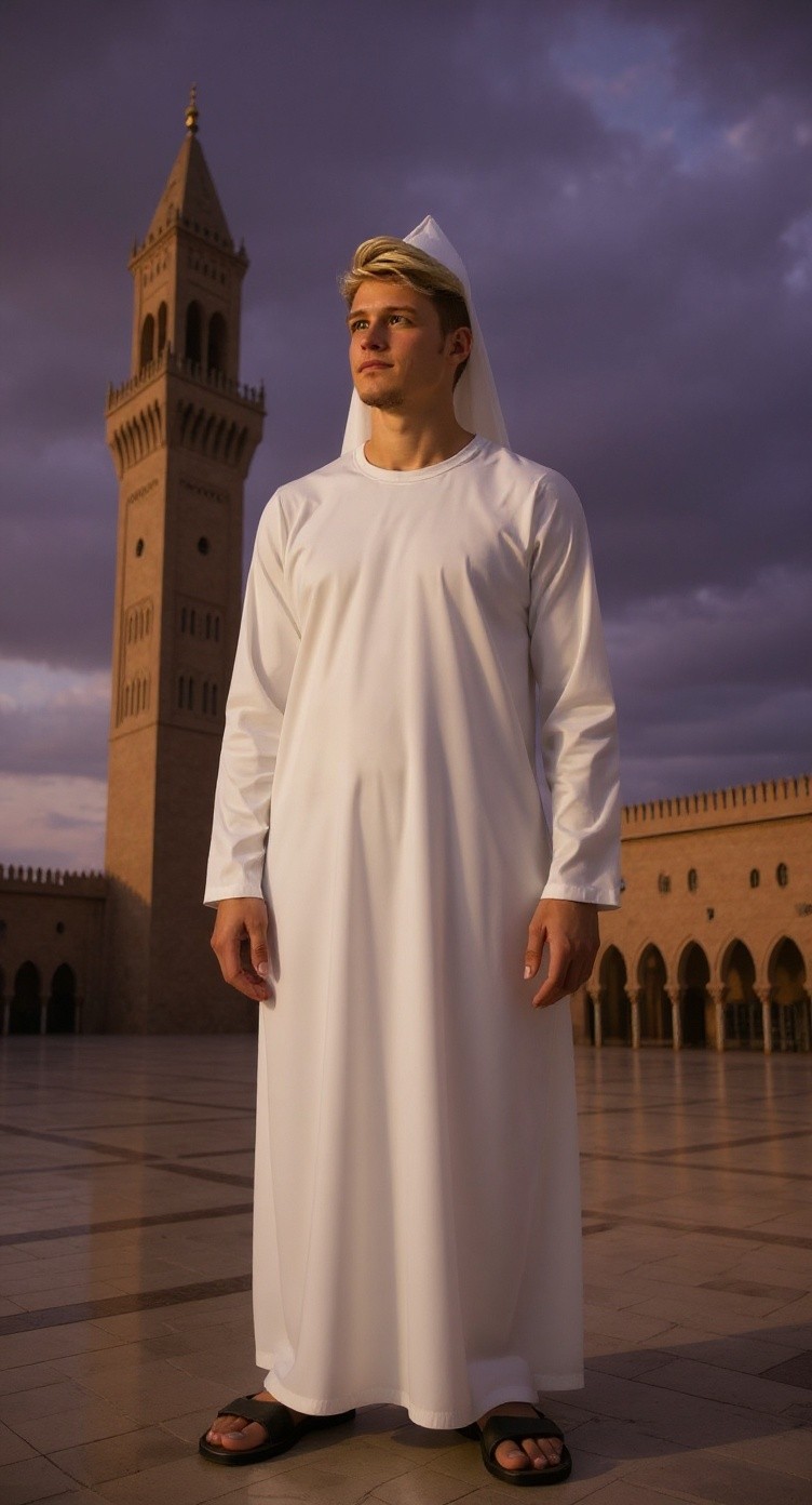 رجل وسيم يقرأ سورة الفاتحة أمام مسجد الحسن الثاني