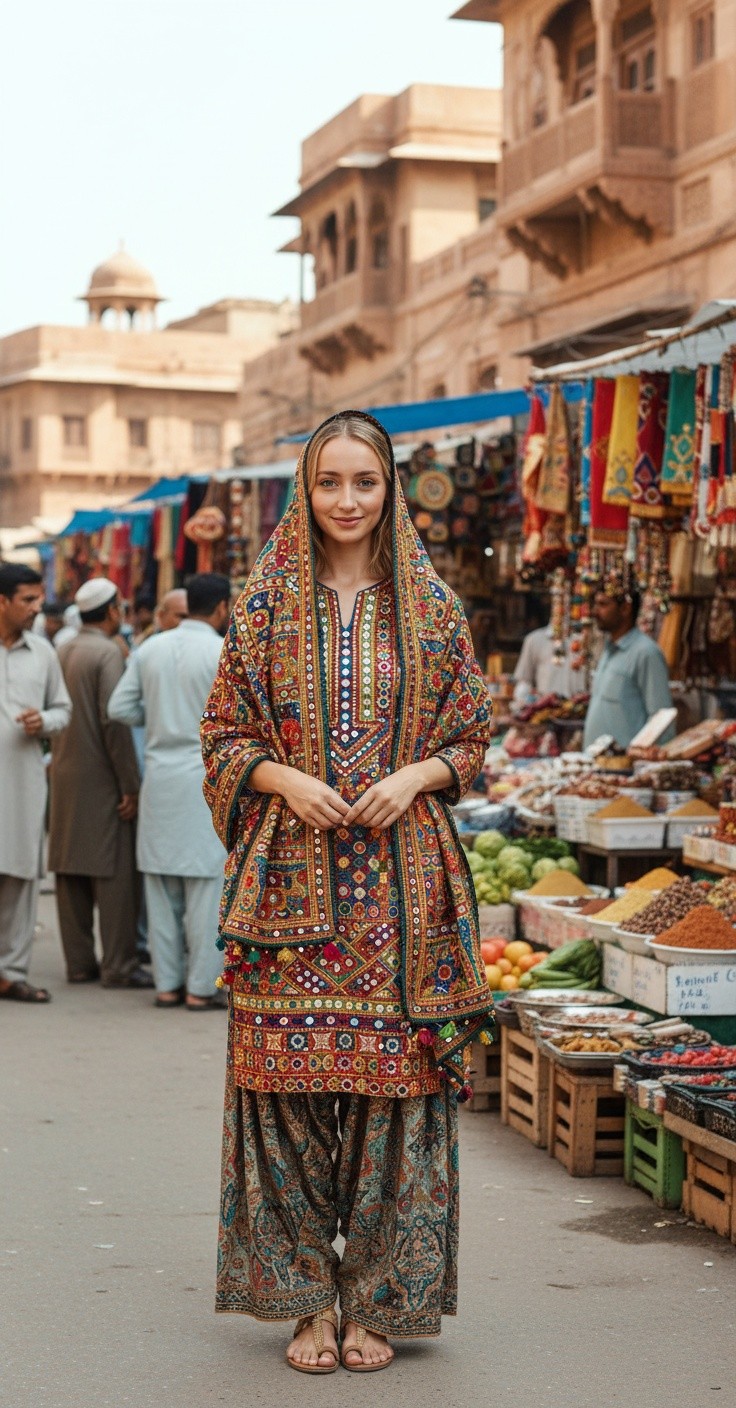 Sindhi Drees mein American Larki ka Ghoomna aur Khana Taste Karna