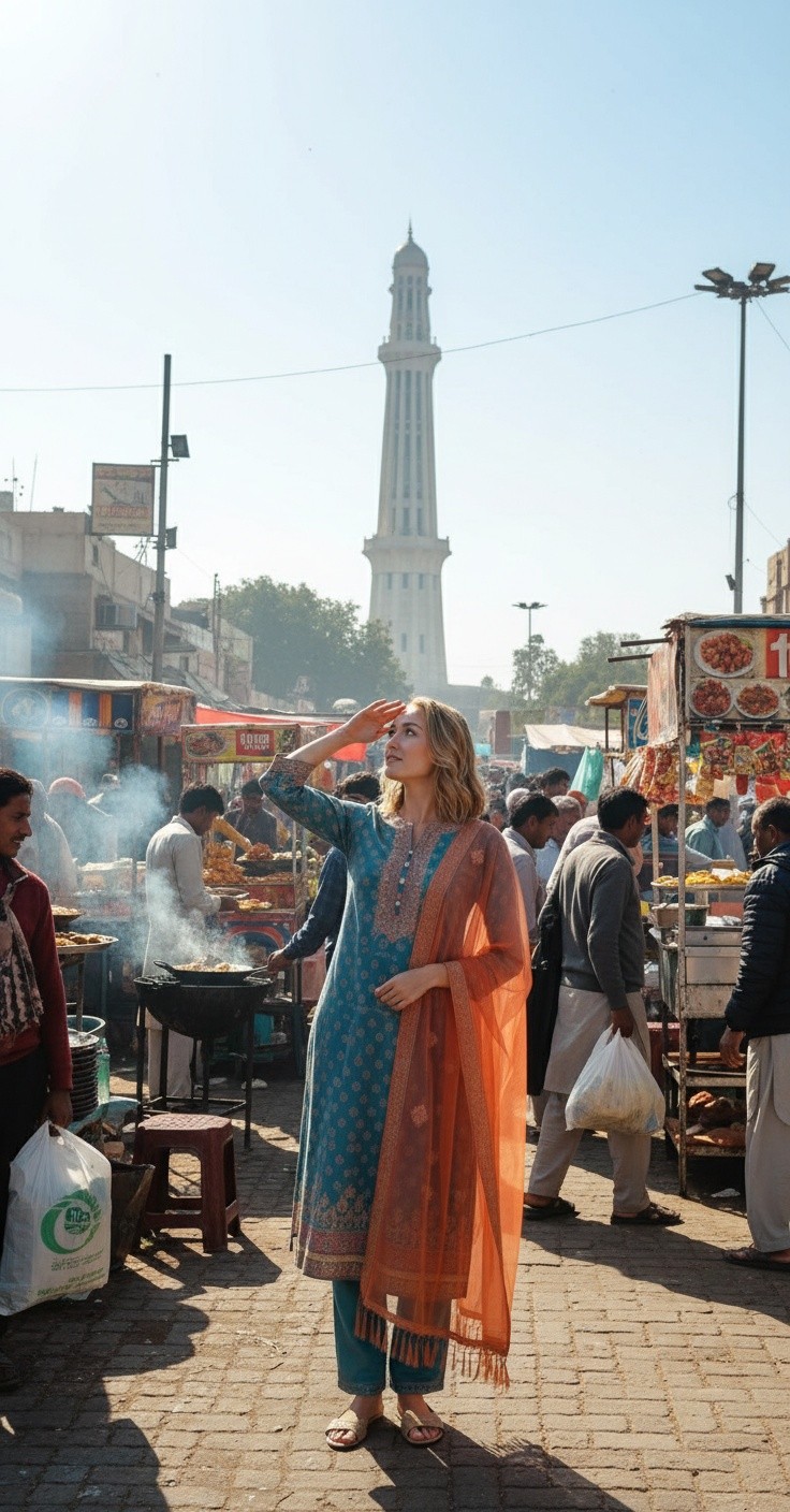 پاکستانی لباس میں امریکی لڑکی اور منار پاکستان