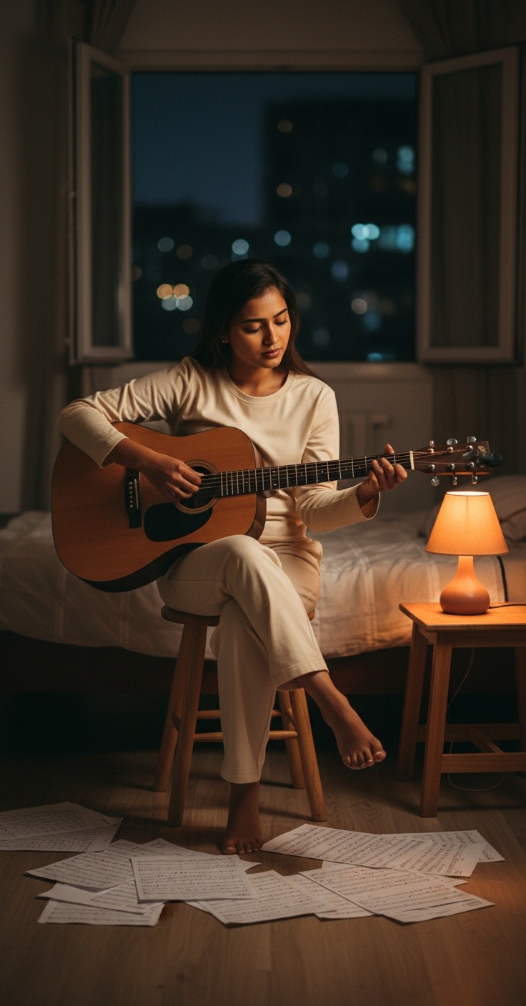 Wanita Memetik Gitar dengan Jari-Jarinya
