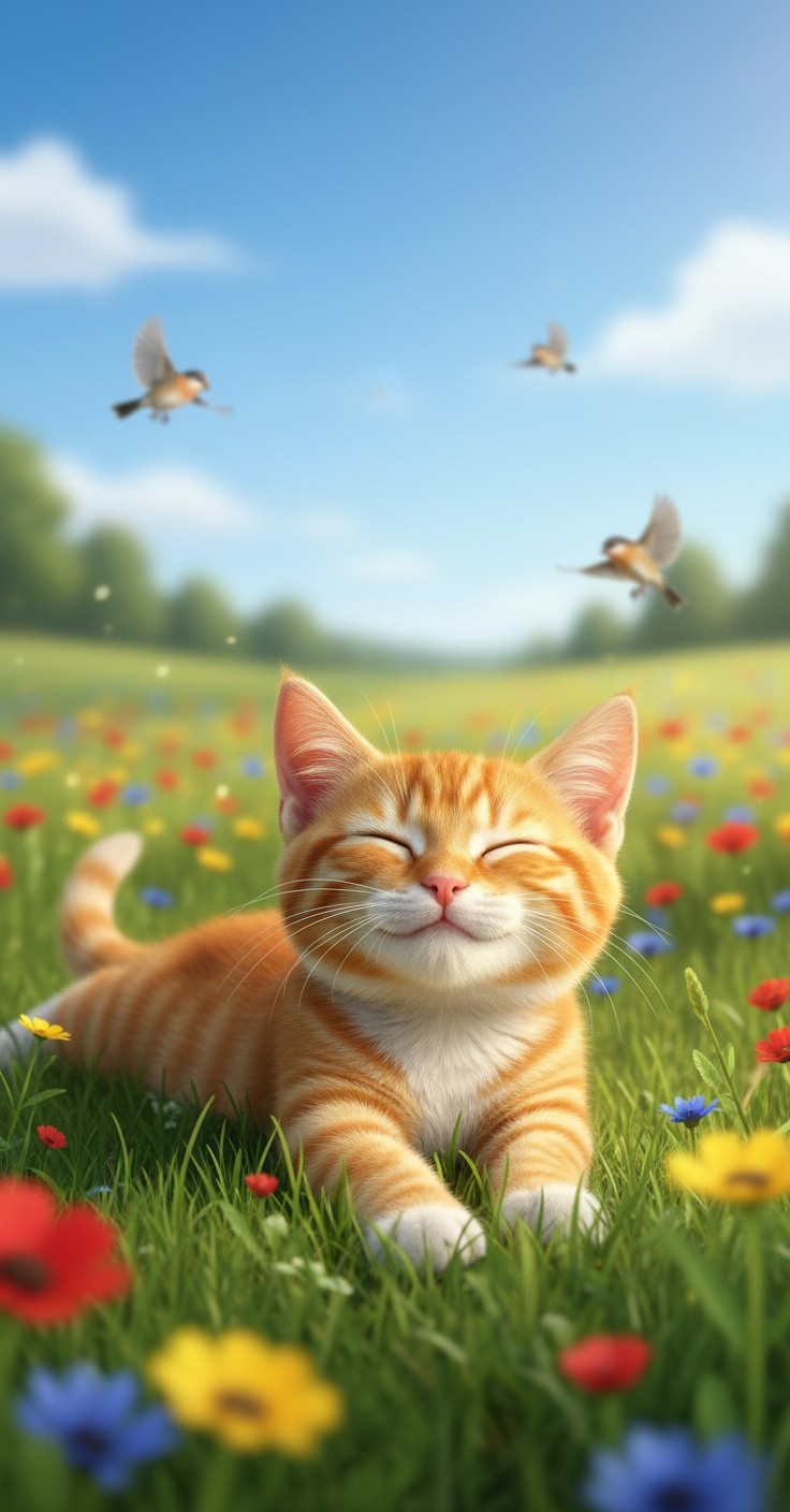 Humpty-Cat's Gentle Fall and Friends' Laughter Under a Rainbow