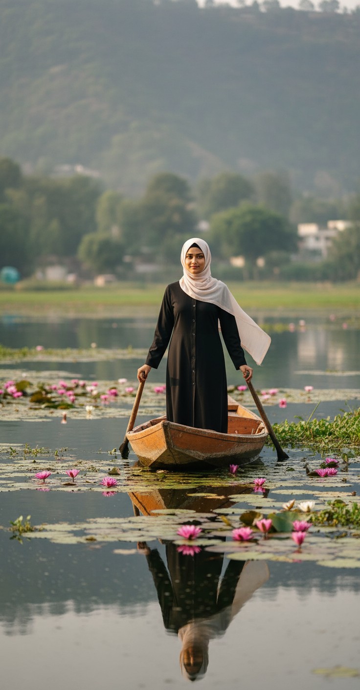 Modest Hijabi Lady Showcases Kashmiri Shawls in Dal Lake