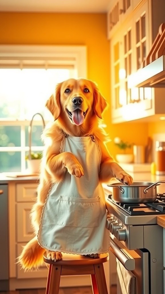 Apron-Wearing Dog Cooks Fried Rice for Breakfast
