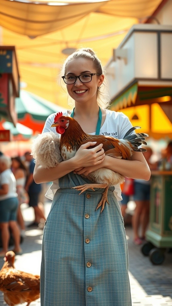 Woman Eating Chicken in Village with Live Chicken