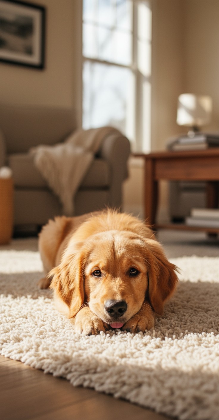 Joyful Dance: Baby and Puppy Fun in Cozy Living Room