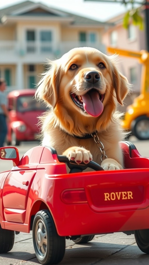 Frustrated Golden Retriever Tries to Drive Toy Car
