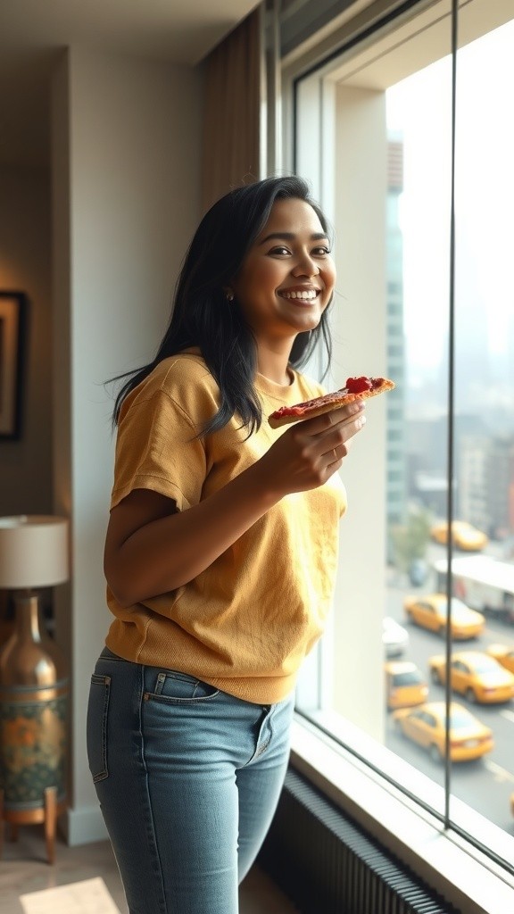 Pakistani Girl in America Enjoying Pizza with Cat