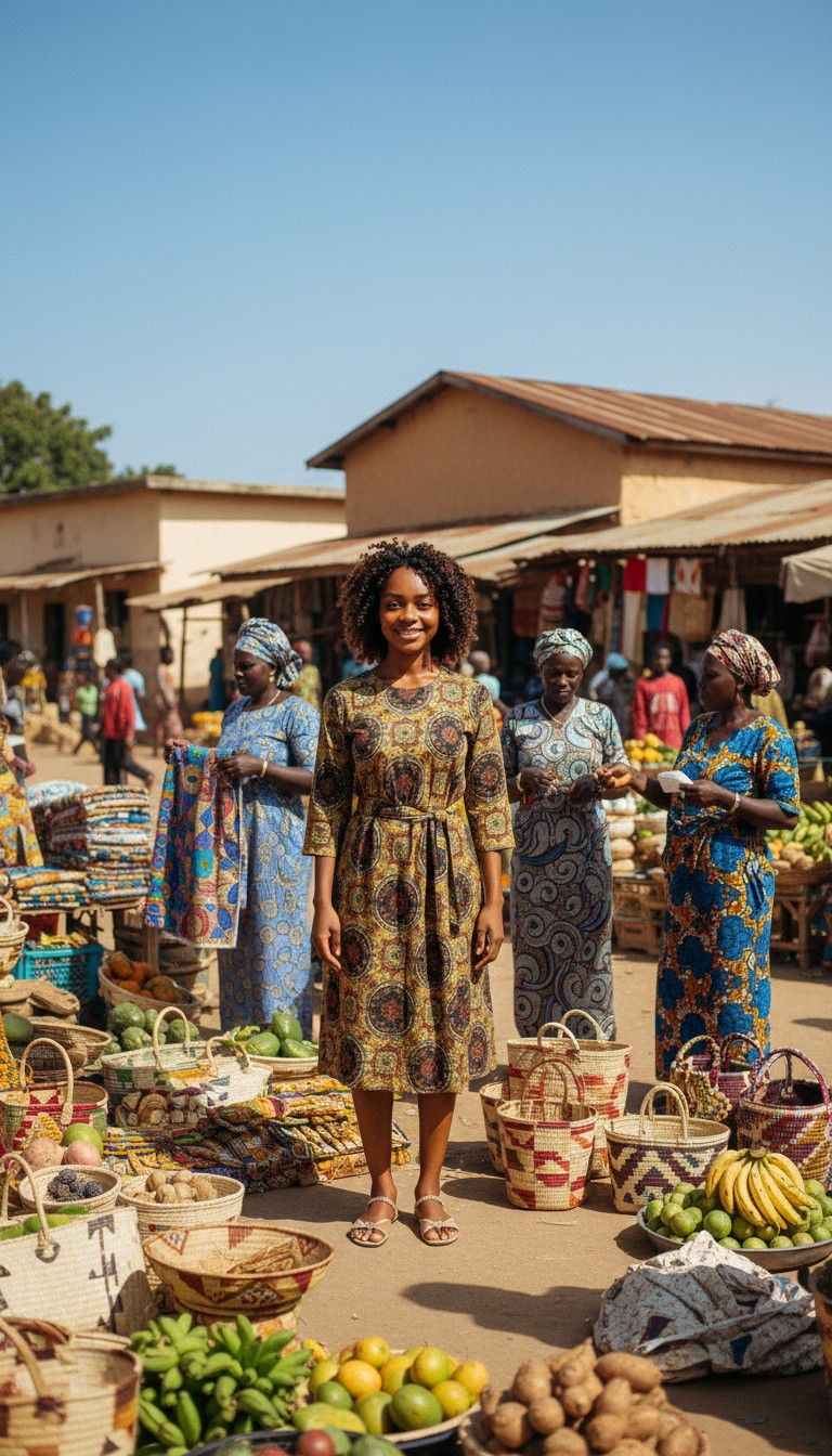 Une femme béninoise savoure des allocos en tenue traditionnelle
