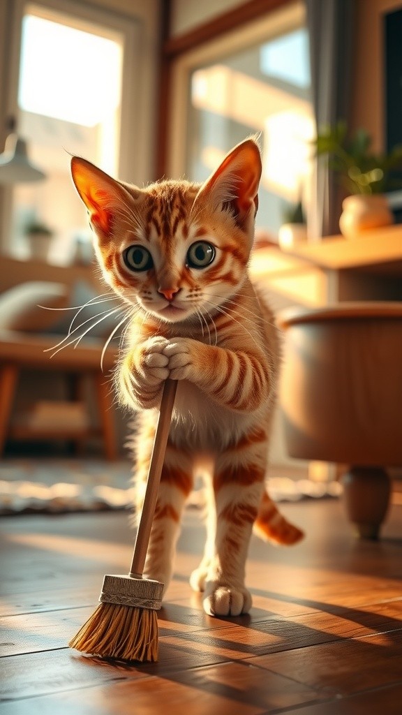 Kucing Sibuk Merapikan Rumah