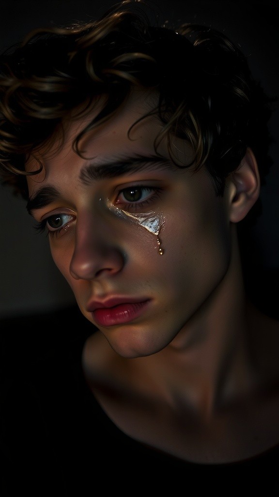 Chico de 21 años llora en la oscuridad