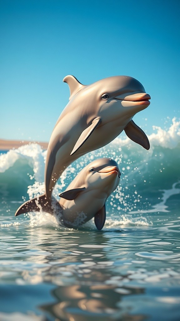 Dolphins Playing in the Waves with a Boy