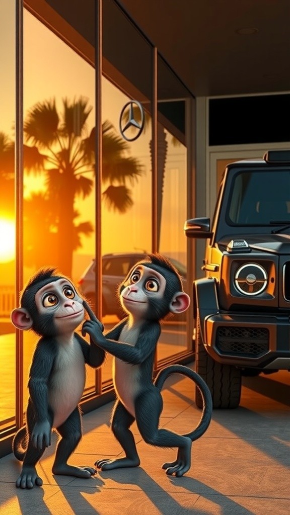 लक्ज़री जी-वैगन के सामने तीन एनिमेटेड बंदर