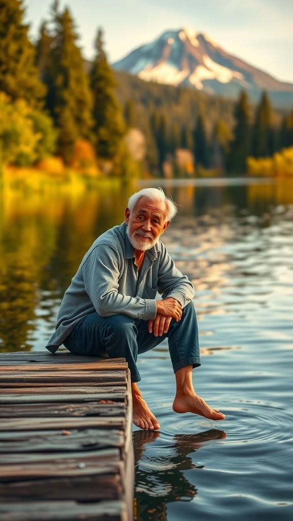 Memancing di Danau dengan Latar Belakang Gunung