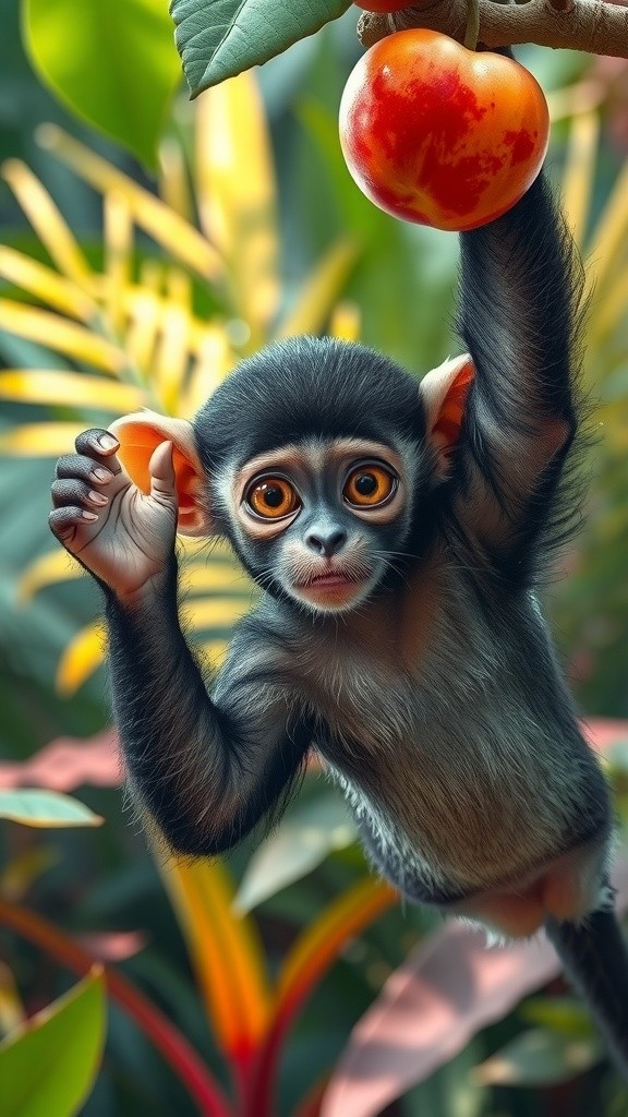 Joyful Baby Monkey Enjoying a Mango