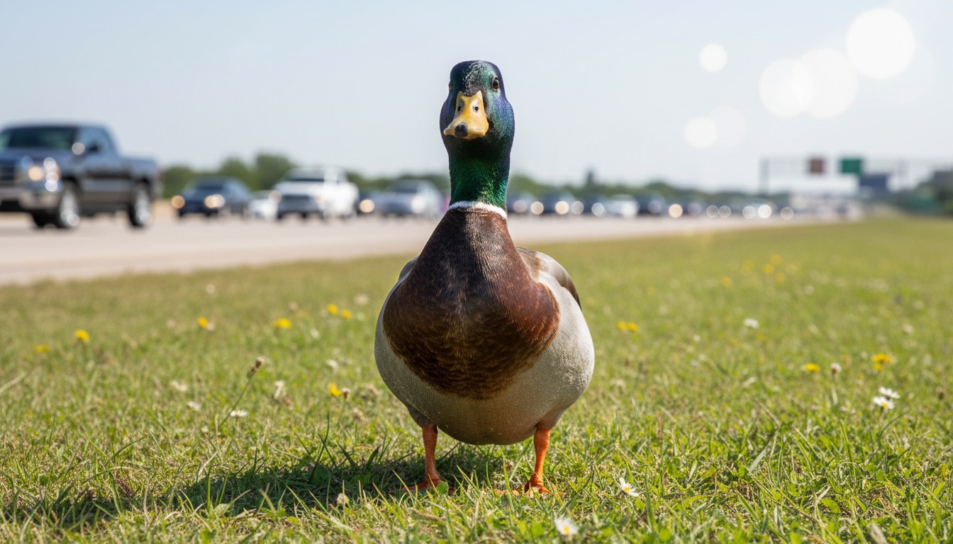 A Mother Duck and Her Ducklings Cross a Busy Interstate