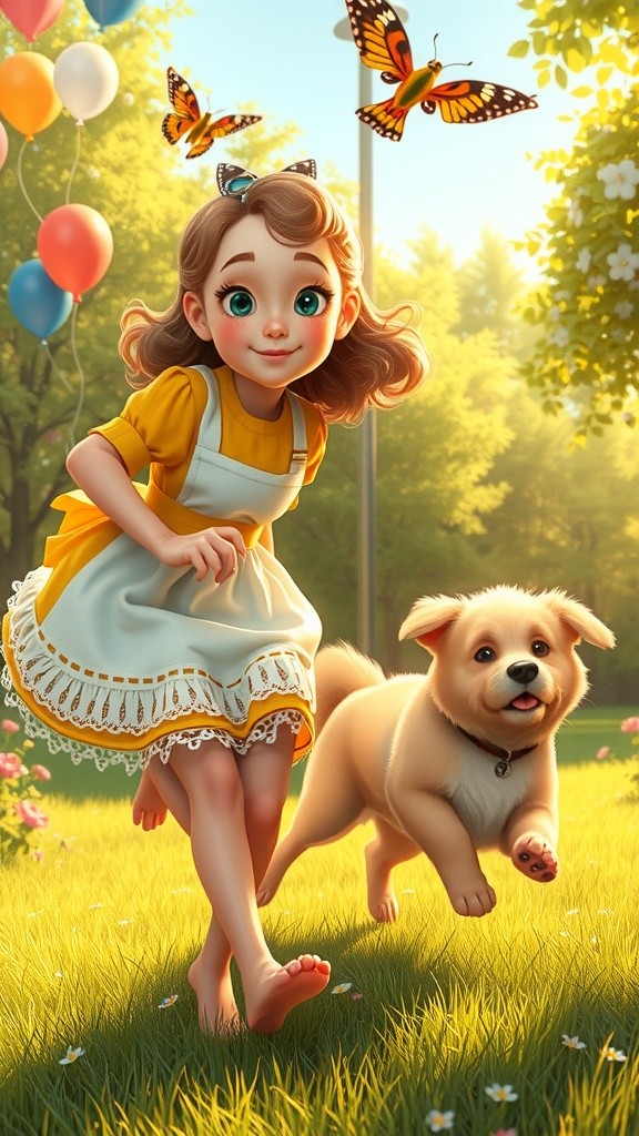 Adorable Playtime: Girl in Pink Frock with Puppy in the Park