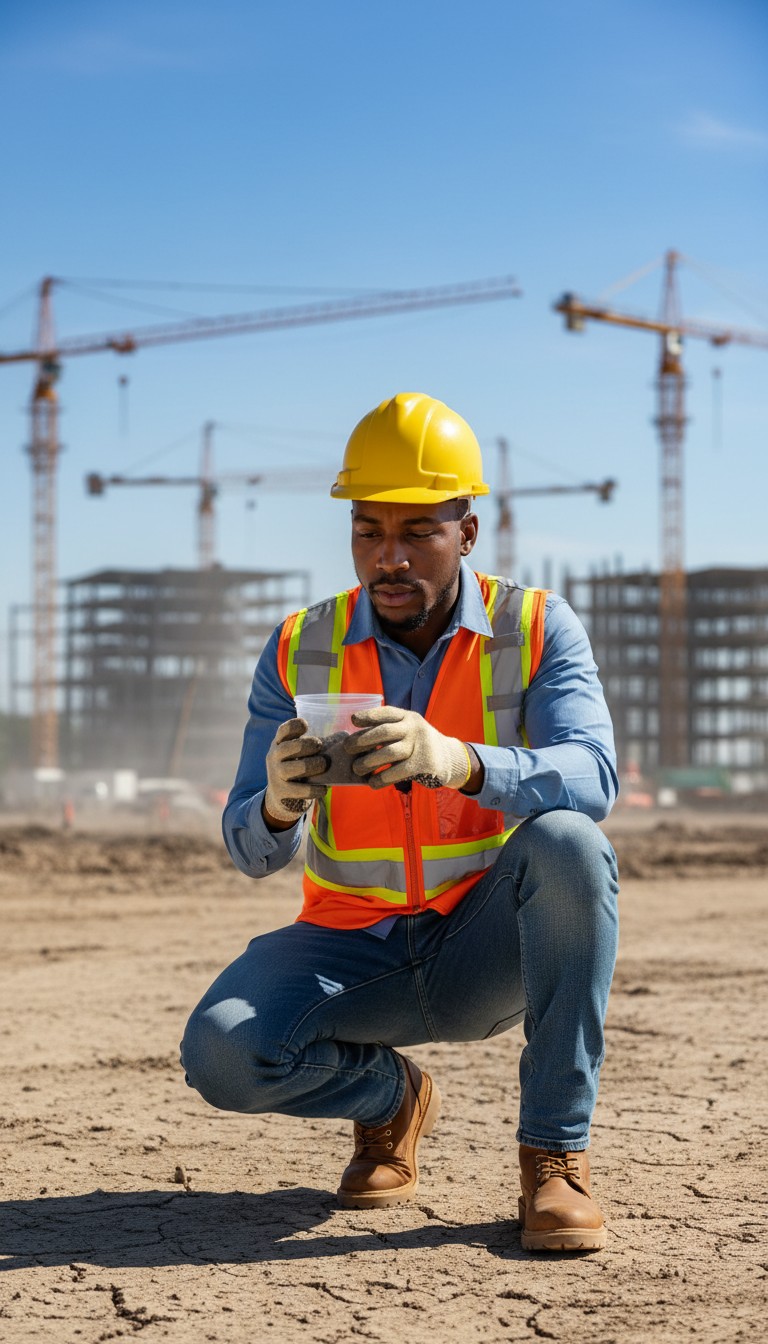 Soil Investigation by a Black Male Civil Engineer at a Construction Site