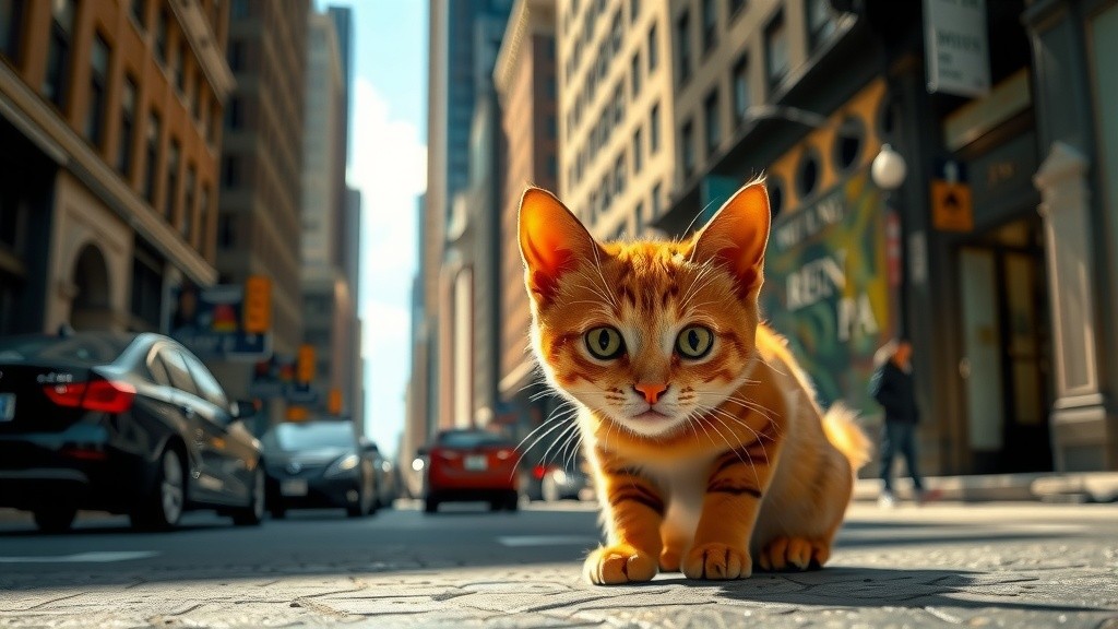 Cat Soars Over City and Ocean