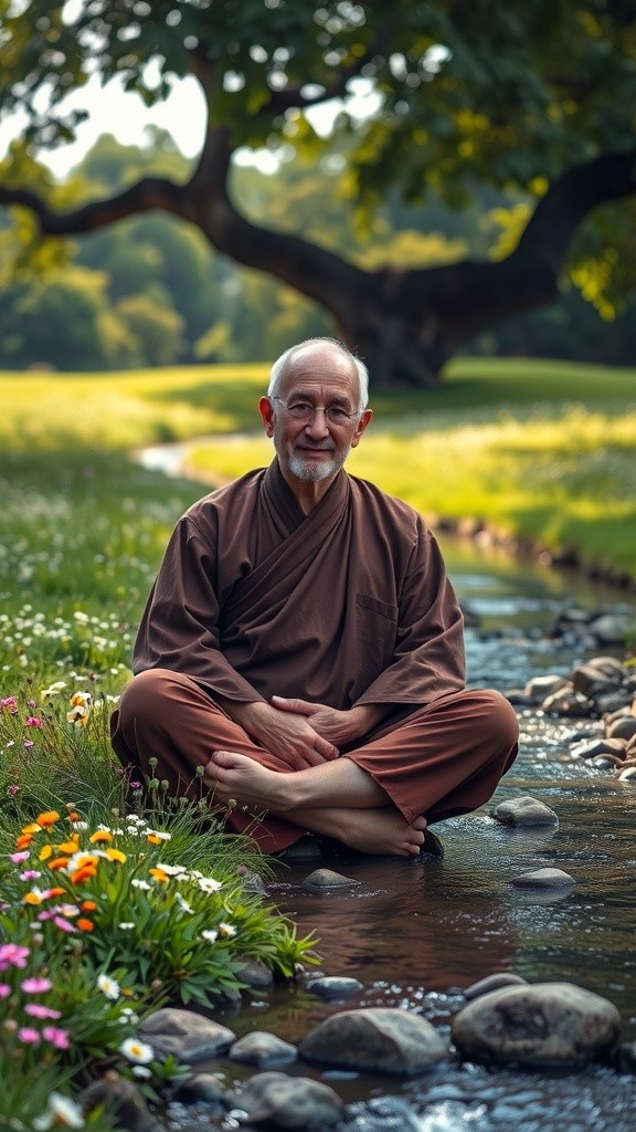 Tranquil Reflections: A Monk's Serenity by the Stream
