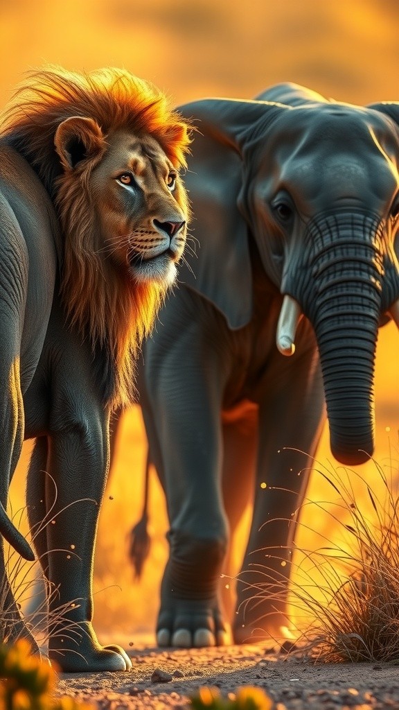 Clash of Titans: Lion vs. Elephant in the Golden Savanna