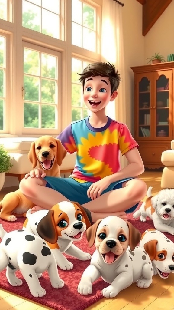 A Kid's Joyful Playtime with Five Puppies
