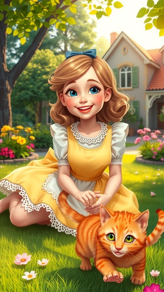 Child Playing with Cat in a Beautiful Garden