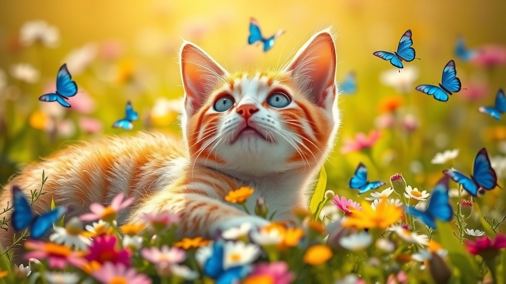 Cat Playing with Blue Butterfly