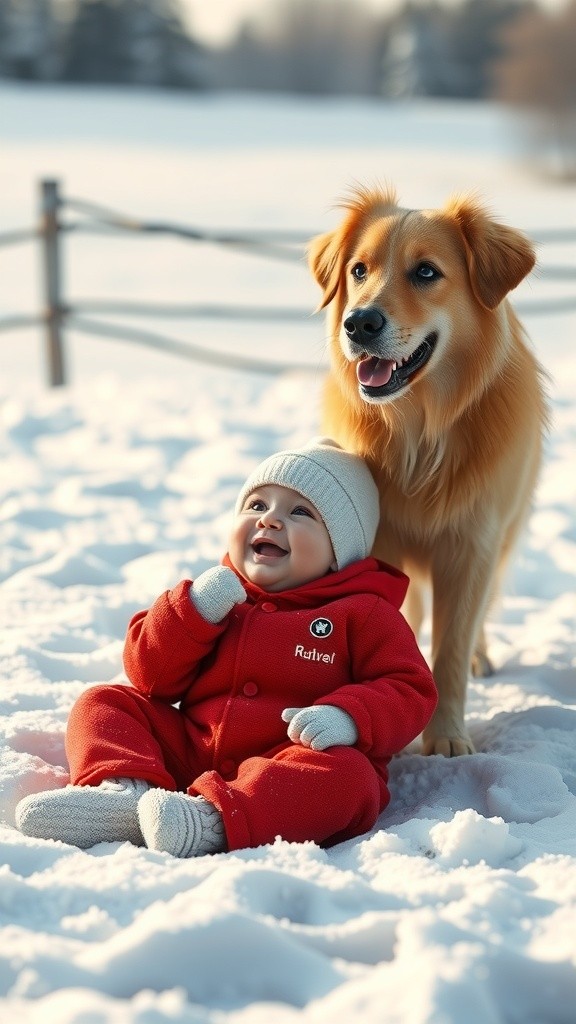 Baby and Puppy Play in the Snow