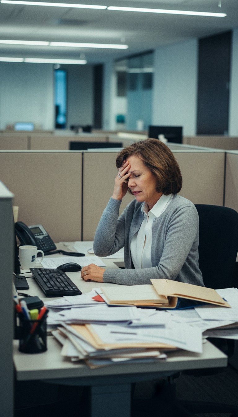 Crying Woman in Office with Stomachache
